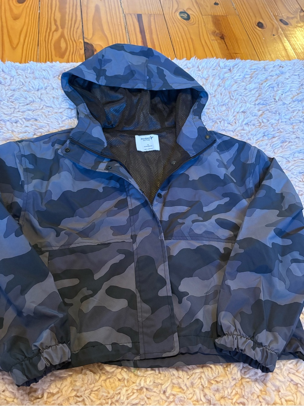 Old Navy Gray & Black Camo Hooded Kids Raincoat
